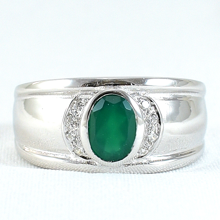 แหวนเงินแท้ราคาถูกชุบทองคำขาว พลอยแท้กรีนอะเกท 0.95 กะรัต เพชรCZ 0.08 กะรัต งานประณีตสวยงาม สั่งผลิตค่ะ