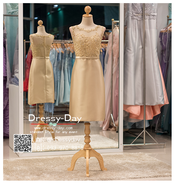 รหัส ชุดราตรี : PFS039 ชุดแซกผ้าลูกไม้งานสวยตกแต่งกริตเตอร์ ชุดราตรีสั้นหรูสีทอง สวย สง่า ดูดีแบบเจ้าหญิง ใส่เป็นชุดไปงานแต่งงาน งานกาล่าดินเนอร์ งานเลี้ยง งานพรอม งานรับกระบี่