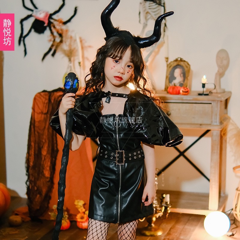 friendly4kid พร้อมส่ง ชุดฮาโลวีน ชุดเดรสหนัง แม่มด ปีศาจ สีดำ