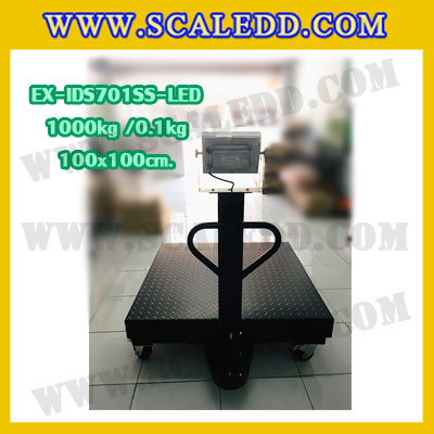 เครื่องชั่งน้ำหนักดิจิตอลพร้อมล้อ1ตัน เครื่องชั่งตั้งพื้นพร้อมล้อ1000กิโล เครื่องชั่งพร้อมล้อ1000kg ตาชั่งตั้งพื้น1ตัน ความละเอียด 0.1kg ประกอบกับหัวอ่านยี่ห้อ SDS รุ่น IDS701SS-LED ขนาดแท่น 100x100Cm. พร้อมที่จับเข็นเพื่อง่ายต่อการเคลื่อนย้าย