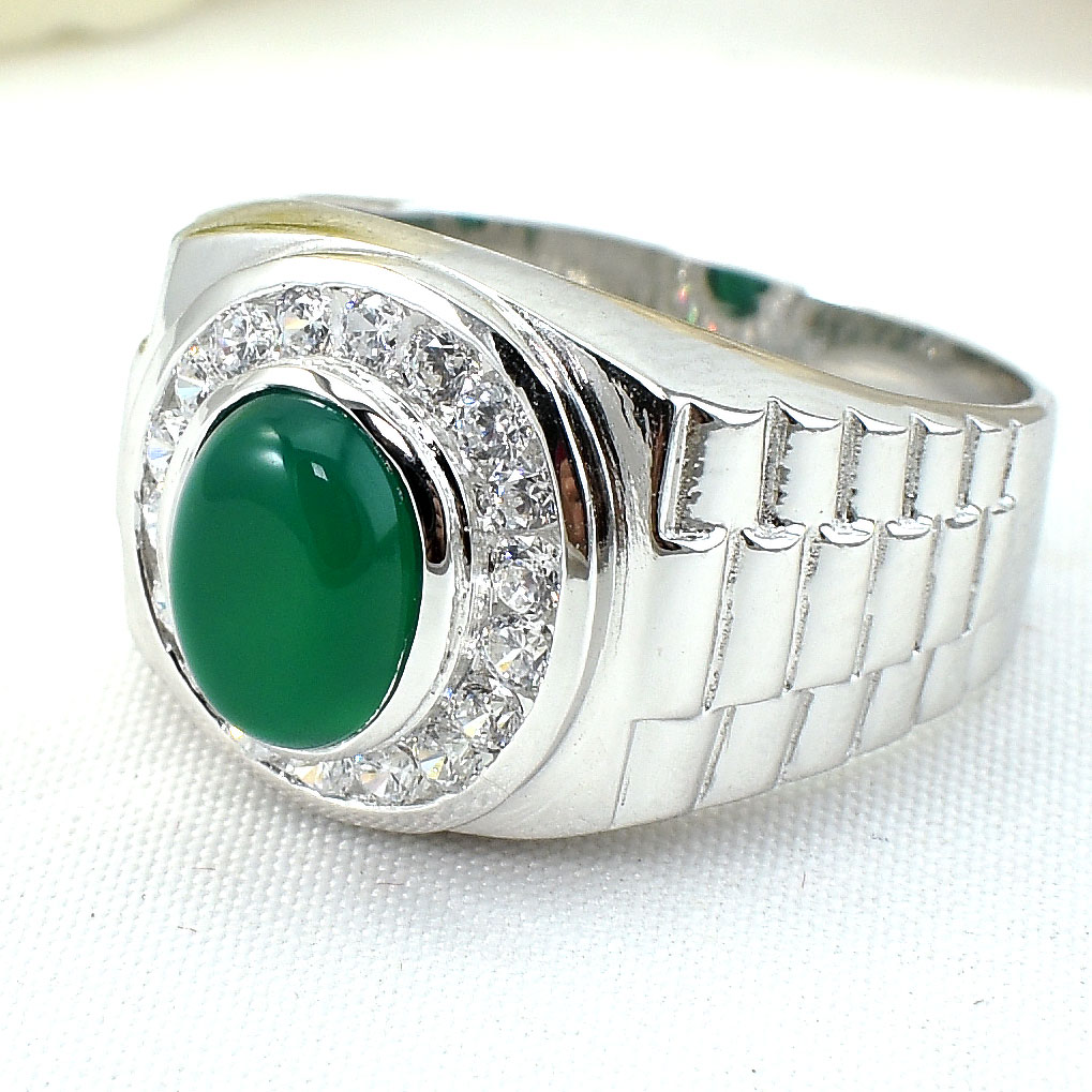 แหวนเงินแท้ราคาถูกชุบทองคำขาว พลอยแท้กรีนอะเกท 2.80 กะรัต เพชรCZ 0.54 กะรัต งานประณีตสวยงาม สั่งผลิตค่ะ