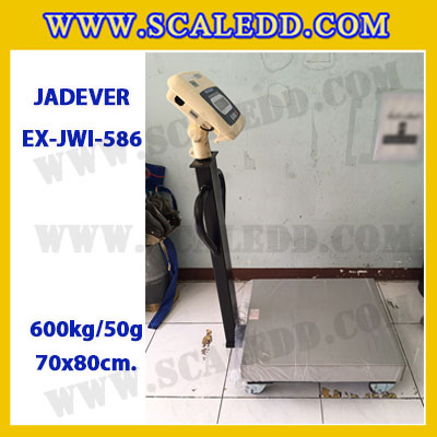เครื่องชั่งดิจิตอลตั้งพื้น ยี่ห้อ JADEVER รุ่น EX-JWI-586 ขนาดแท่น 70x80cm. พิกัดน้ำหนัก 600kg ค่าละเอียด 50g พร้อมที่เข็นและล้อ