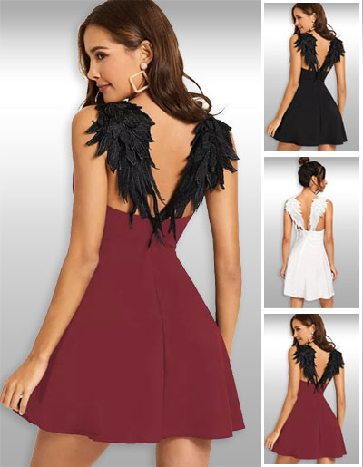 ชุดเดรสสั้นสายเดี่ยวแต่งปีกนกสุดเก๋ 3สี รหัส2001