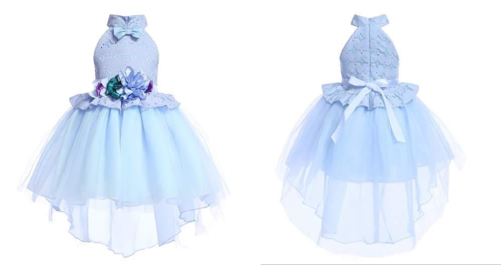 F เดรสออกงานสีฟ้า แต่งลูกไม้กระโปรง