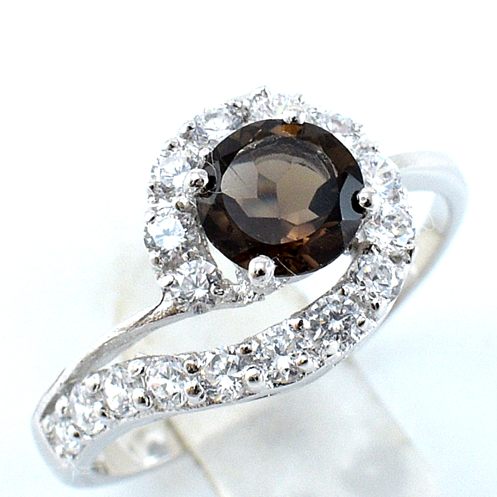 แหวนเงินแท้ราคาถูกชุบทองคำขาว พลอยแท้สโมกกี้ควอทซ์ 0.77 กะรัต เพชรCZ 0.48 กะรัต งานประณีตสวยงาม สั่งผลิตค่ะ