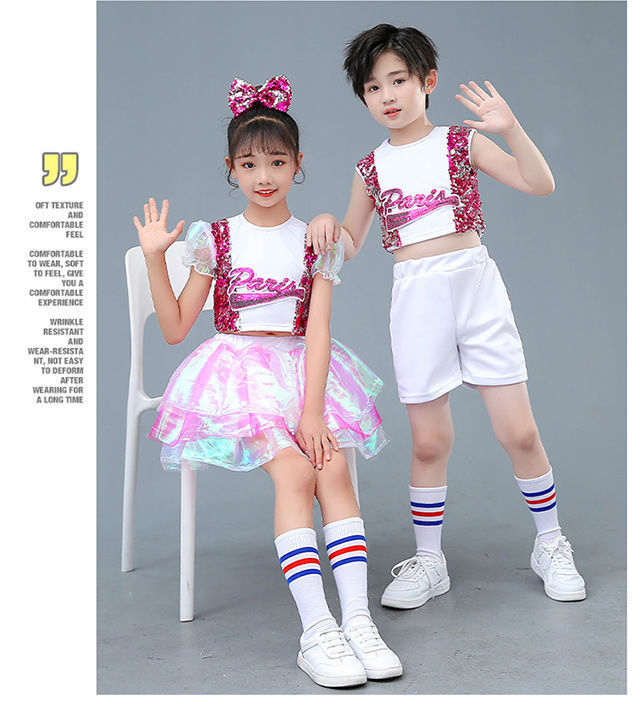 พร้อมส่ง ชุดเต้น ชุดฮิปฮอป เสื้อสีชมพู กระโปรงผ้าแก้วชมพูวิ้ง