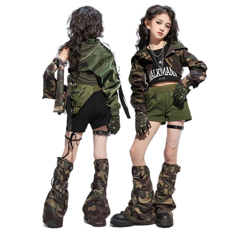 พร้อมส่ง ชุดเต้นเด็กผู้หญิง เซ็ต ลายพลาง