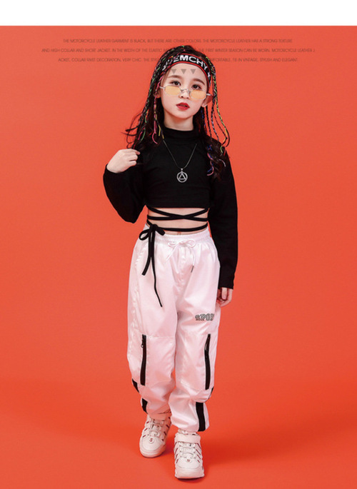 ชุดเต้น ชุดแดนซ์ เสื้อเอวลอยสีดำ+กางเกงขายาวสีขาว