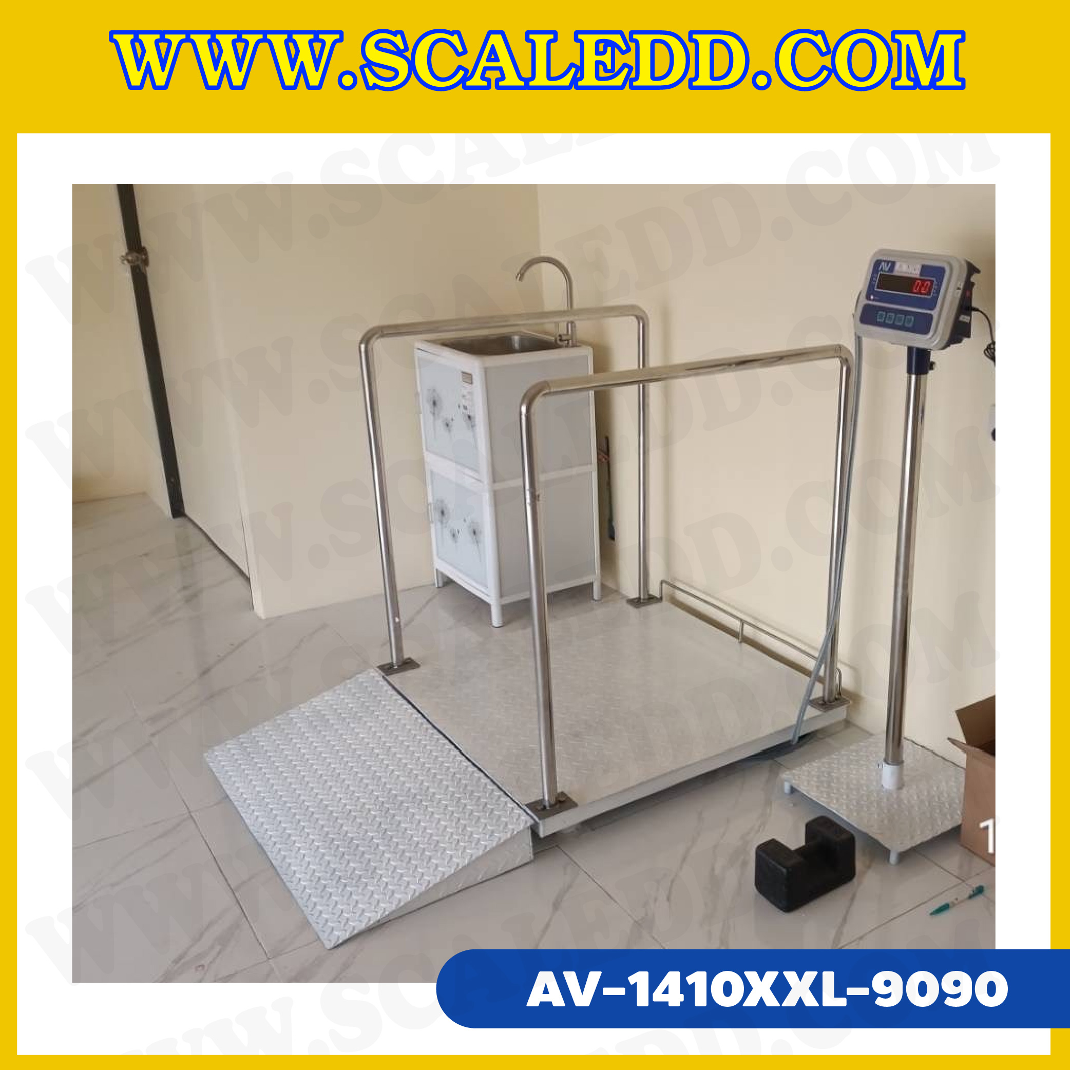 เครื่องชั่งน้ำหนักผู้ป่วย เครื่องชั่งนำหนักบุคคล ขนาดแท่นชั่ง 90x90 cm. พร้อมทางลาดขึ้น-ลง สำหรับใช้ในโรงพยาบาล พิกัด 300 กิโลกรัม ค่าละเอียด 100 กรัม