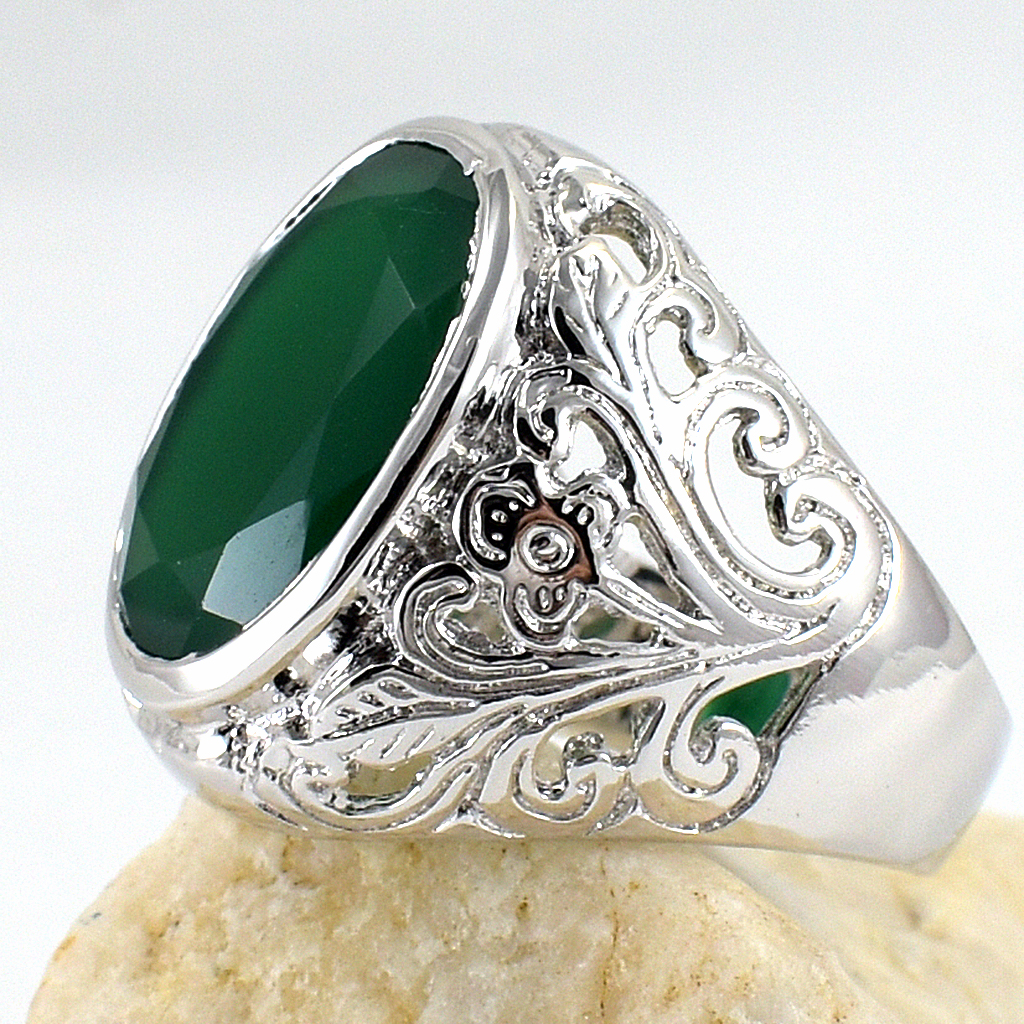 แหวนเงินแท้ราคาถูกชุบทองคำขาว พลอยแท้กรีนอะเกท 13.25 กะรัต งานประณีตสวยงาม สั่งผลิตค่ะ