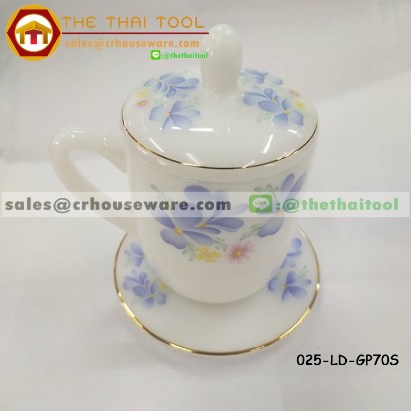 ชุดน้ำชาเนื้อมุก 3 ชิ้น ลายแกรนด์ฟิกซ์ขอบทอง มีฝาปิดและจานรอง