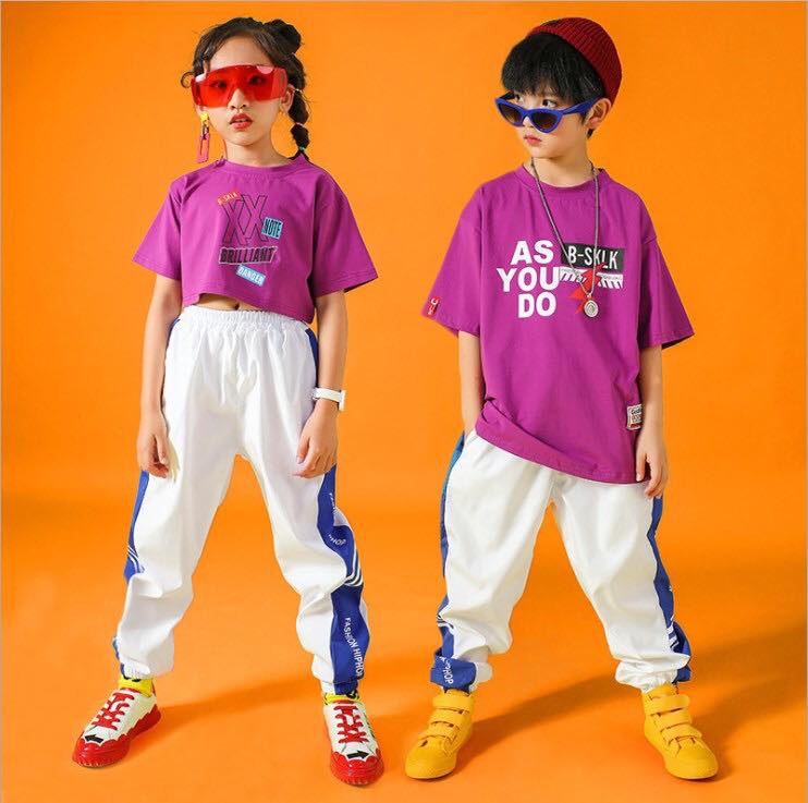 ชุดเต้น ฮิปฮอป เสื้อสีม่วง กางเกงขาว