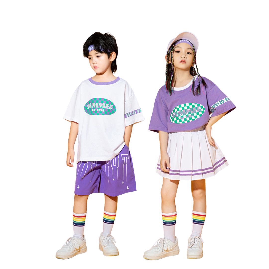 ชุดเต้น ชุดแดนซ์ เซ็ตเสื้อสีม่วง/ขาว+กางเกงขาสั้น/กระโปรง