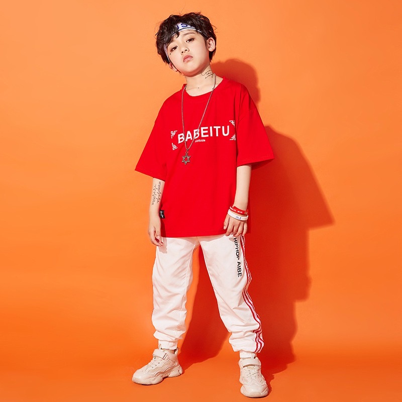 ชุดเต้น ฮิปฮอป สีแดง ลายอักษร XOXO / ชุดผู้หญิง สีขาว-แดง