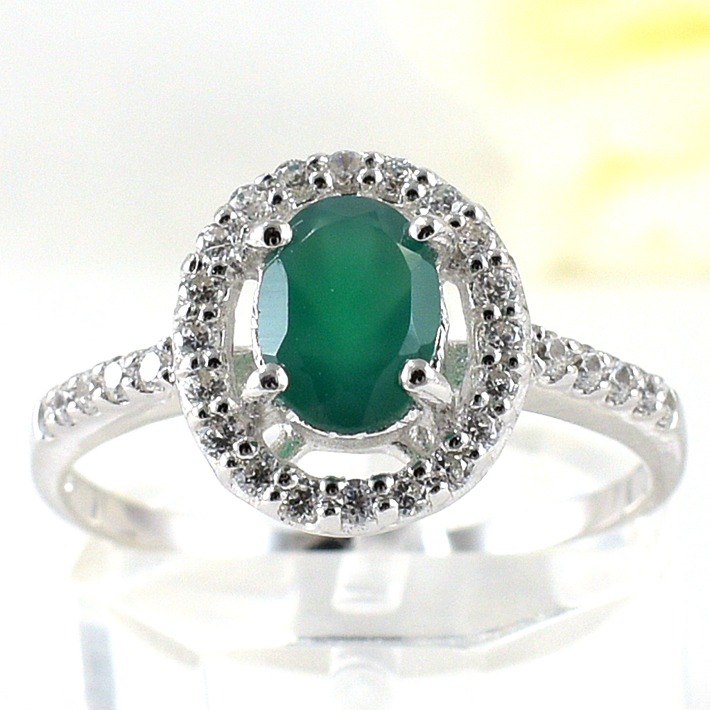 แหวนเงินแท้ราคาถูกชุบทองคำขาว พลอยแท้กรีนอะเกท 0.72 กะรัต เพชรCZ 0.30 กะรัต งานประณีตสวยงาม สั่งผลิตค่ะ