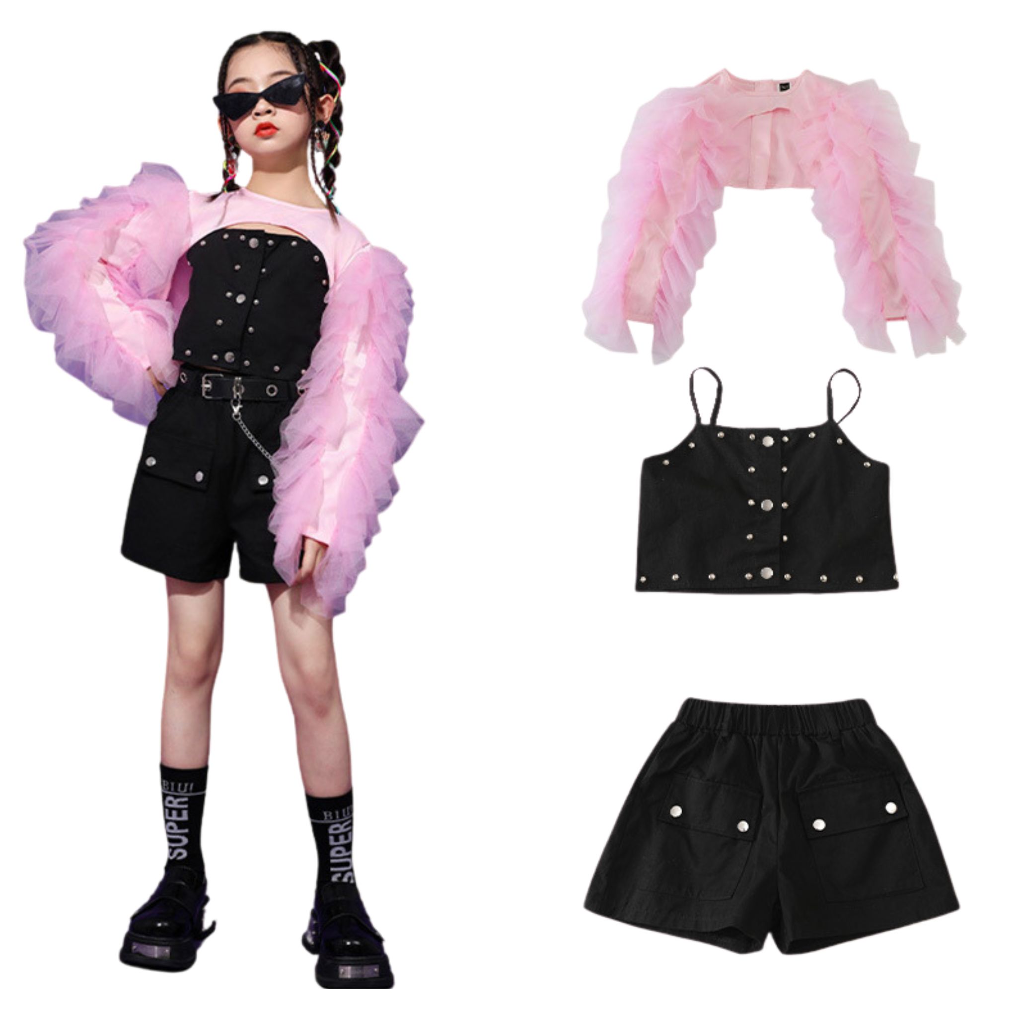 พร้อมส่งในไทย** ชุดเต้น Cover dance เรียนเต้น เซ็ต 3 ชิ้น เซ็ต โทนสีชมพูอ่อน ฟรุ้งฟริ้ง