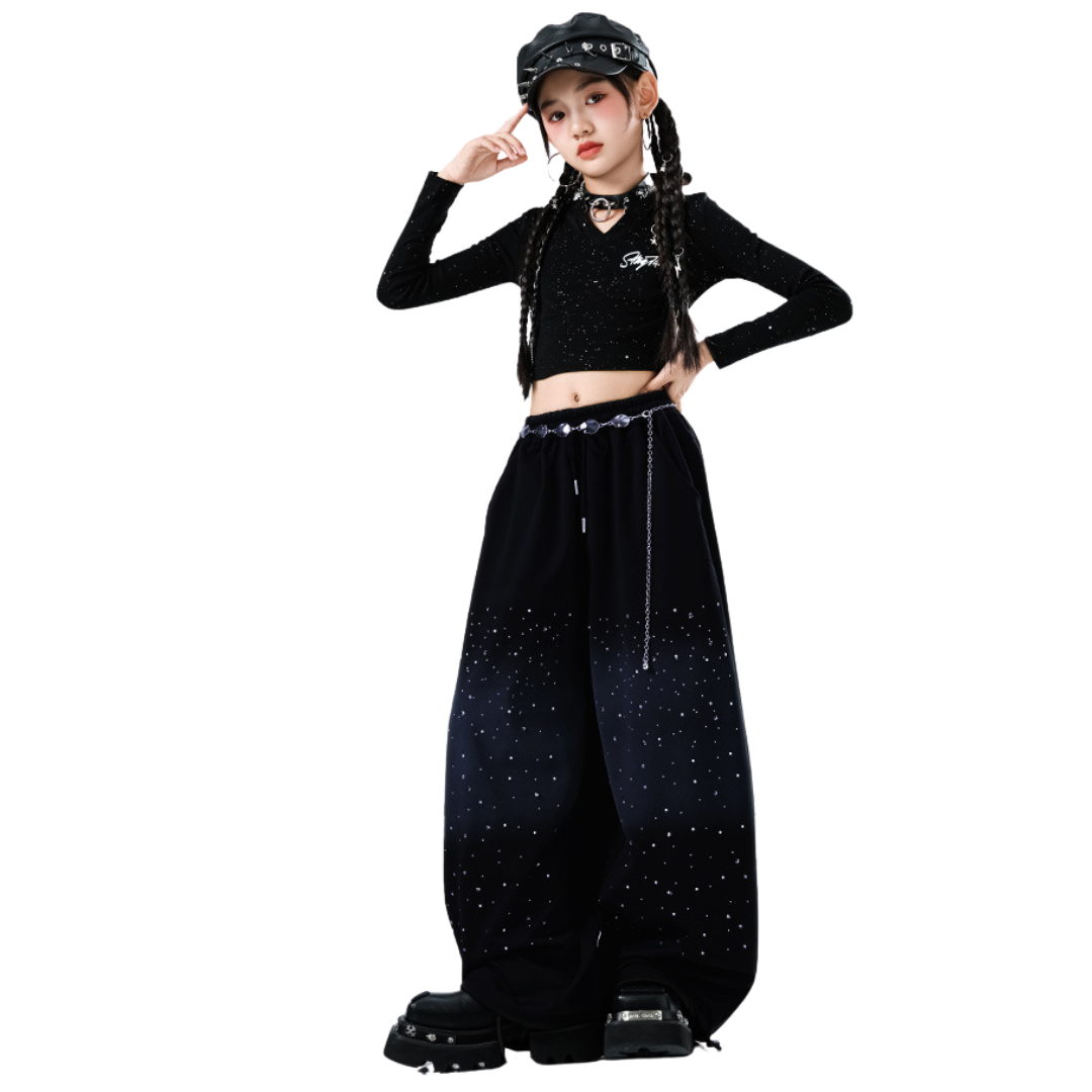 Friendly4kidชุดเต้นเด็กหญิง set เสื้อ+กางเกง สีดำสไตล์hiphop