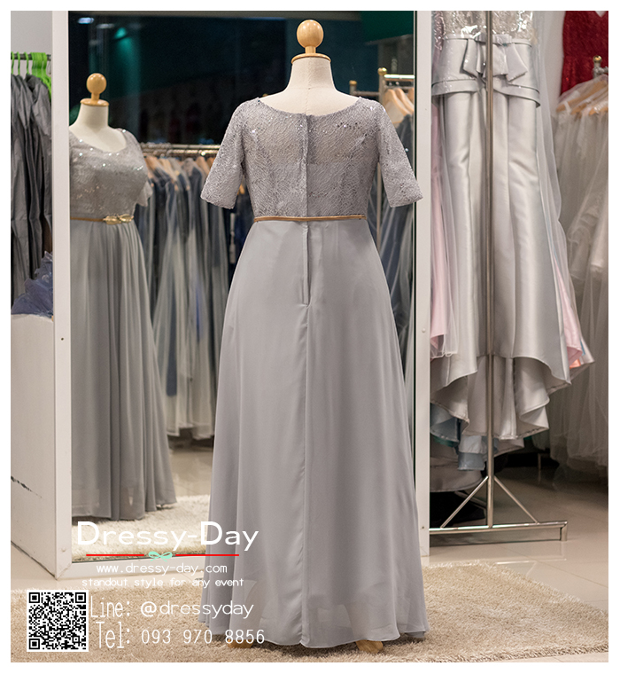 รหัส ชุดราตรีคนอ้วน :PFL018 ชุดแม่เจ้าสาว ชุดแม่เจ้าบ่าว ชุดราตรียาวคนอ้วน ผ้าลูกไม้เรียบหรู งานปักมือ สีเทา กระโปรงผ้าไหมเล่นดีเทลระบายชายช่วงเอว เหมาะสำหรับงานแต่งงาน งานกลางคืน กาล่าดินเนอร์ มีแขน