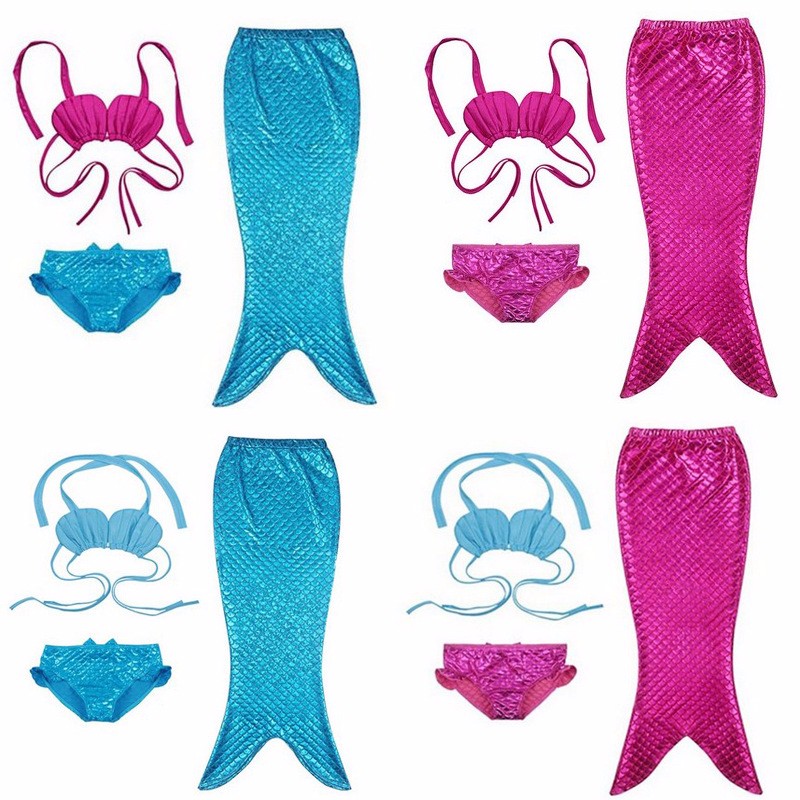 ชุดว่ายน้ำ นางนางเงือก เซ็ต 3 ชิ้น รุ่นเสื้อผูกอก สีชมพู-ฟ้า