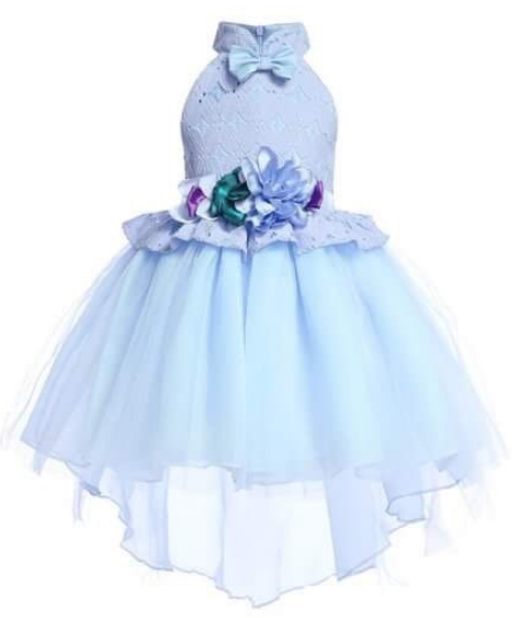 F เดรสออกงานสีฟ้า แต่งลูกไม้กระโปรง