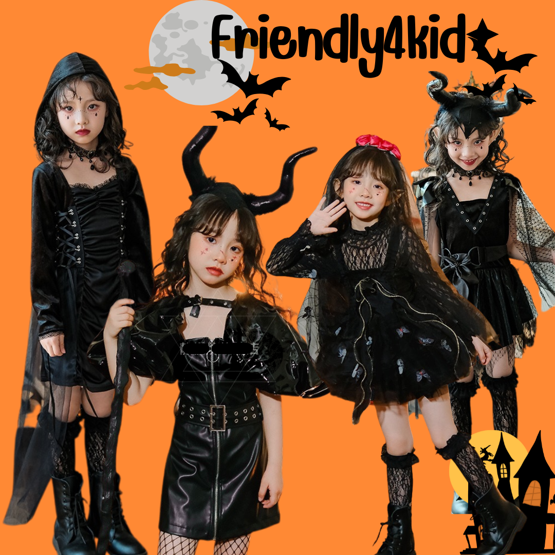 friendly4kid พร้อมส่ง ชุดฮาโลวีน ชุดเดรสหนัง แม่มด ปีศาจ สีดำ