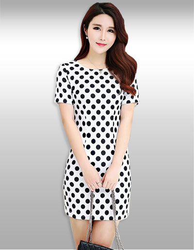 ชุดเดรสแฟชั่นลายจุดใส่ทำงานสวยหวาน รหัส 2215