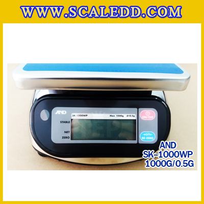 เครื่องชั่งน้ำหนักดิจิตอล1000กรัม เครื่องชั่งกันน้ำ1000g เครื่องชั่งดิจิตอล1000กรัม ตาชั่งกันน้ำ1000กรัม พิกัดน้ำหนัก 1000g ความละเอียด 0.5g ยี่ห้อ AND รุ่น SK-WP (เครื่องชั่งผ่านตรวจรับรองจากสำนักชั่งตวงวัด)