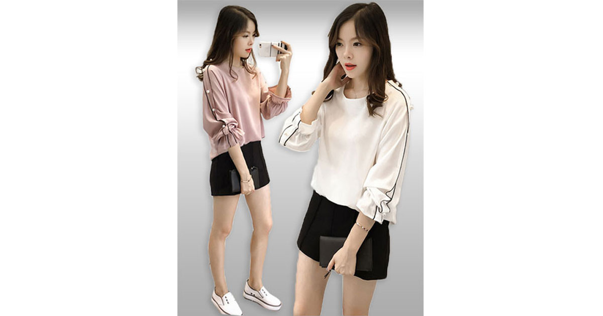 เสื้อแฟชั่นผู้หญิงแขนแต่งมุกสวยหวานมี2สี รหัส1912