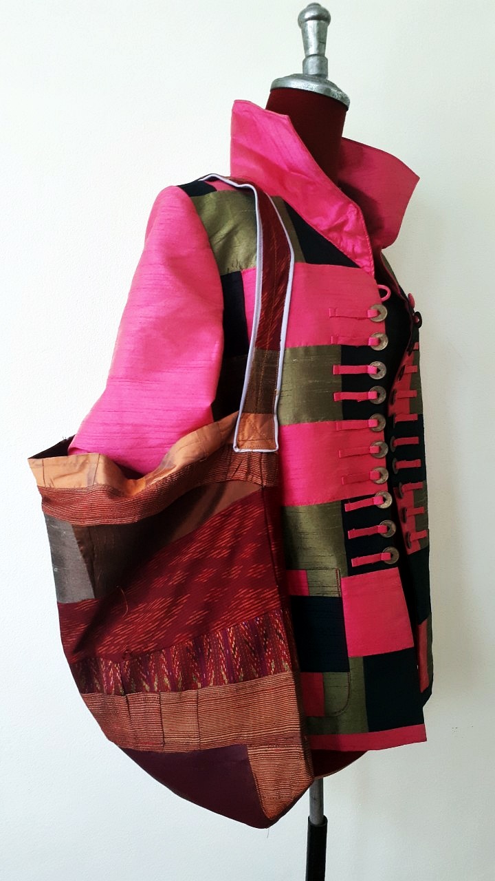 SIVA เสื้อคลุ้มผ้าไหมไทยตกแต่งวัสดุเหลือใช้ SIVA (ส่งฟรี) ดำ,น้ำตาล,ชมภู่,ฟ้า,แดงเลือดหมู M,L,XL,XXL