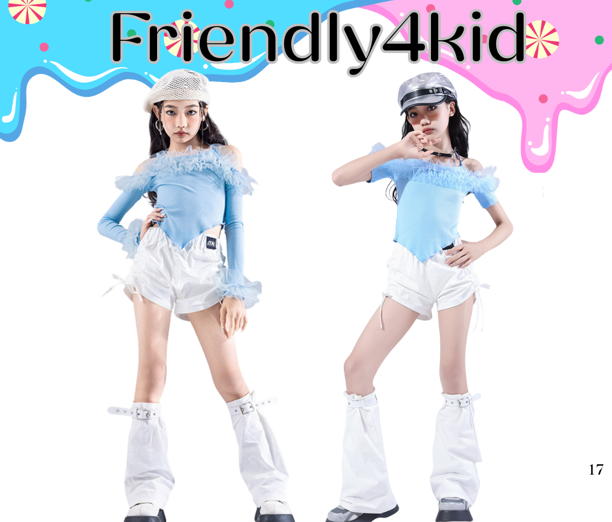 พร้อมส่ง ชุดเต้นเด็กผู้หญิง แฟชั่นเกาหลี สีฟ้าขาว สไตล์ K-pop ฮิปฮอป แขนเปิดไหล่ + กางเกงขาสั้น พร้อมปลอกขา