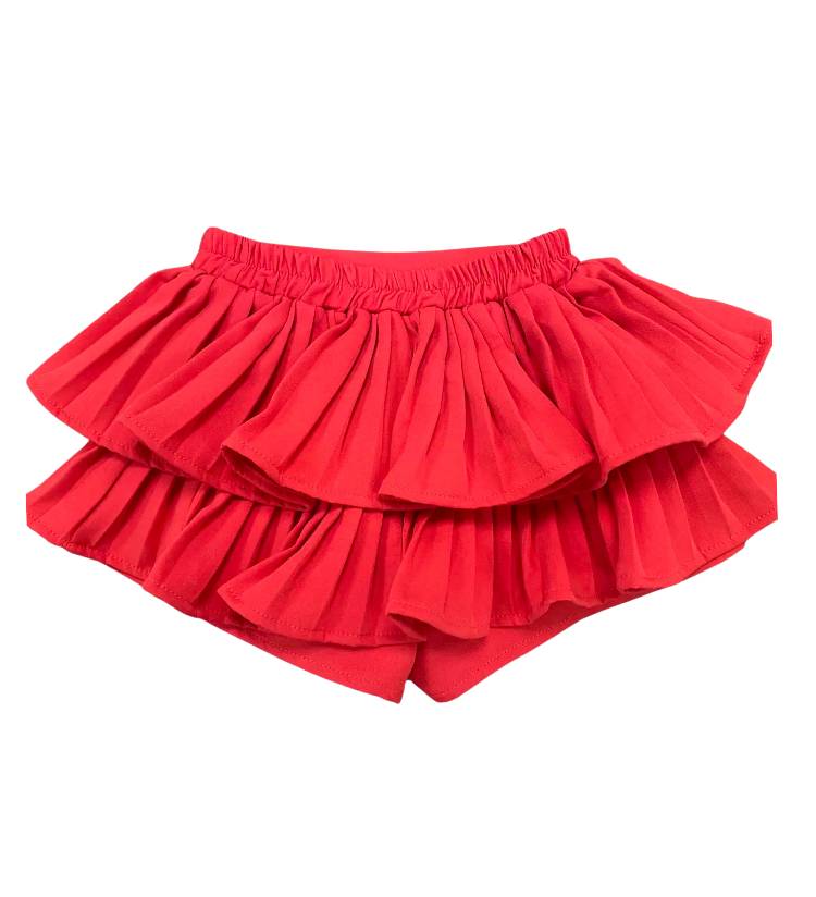 พร้อมส่ง กระโปรงเด็กผู้หญิง อัดพลีท ระบาย2ชั้น สีแดงสด