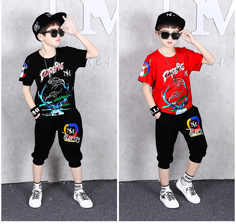 ชุดเต้น Street dance เสื้อแขนสั้นสีแดง+กางเกงดำ