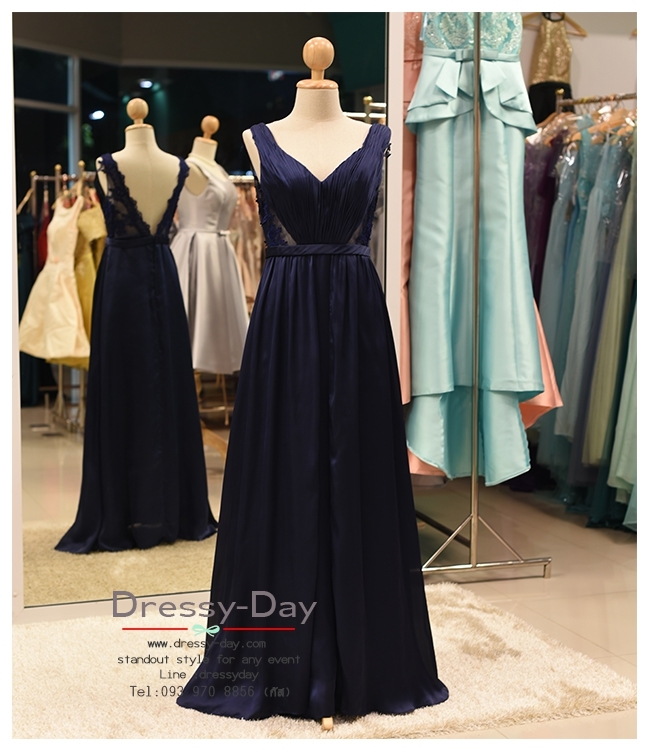 รหัส ชุดราตรียาว : PF055 - 3 ชุดราตรียาว เดรสออกงาน ชุดไปงานแต่งงาน ชุดแซก สีน้ำเงิน ซีทรูช่วงเอวด้านข้าง หมาะสำหรับงานแต่งงาน งานกลางคืน กาล่าดินเนอร์