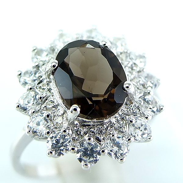 แหวนเงินแท้ราคาถูกชุบทองคำขาว พลอยแท้สโมกกี้ควอทซ์ 1.70 กะรัต งานประณีตสวยงาม สั่งผลิตค่ะ