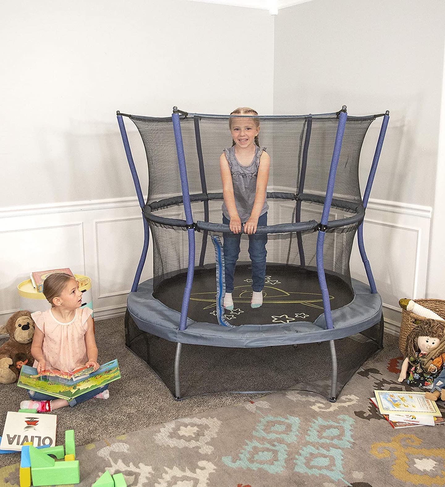 แทรมโพลีน Skywalker Trampolines 60-Inch Bounce-N-Learn Trampoline, with Enclosure and Sound, Dark Blue/Grey with Spaceship ขนาด 60 นิ้ว ลายยานอวกาศ