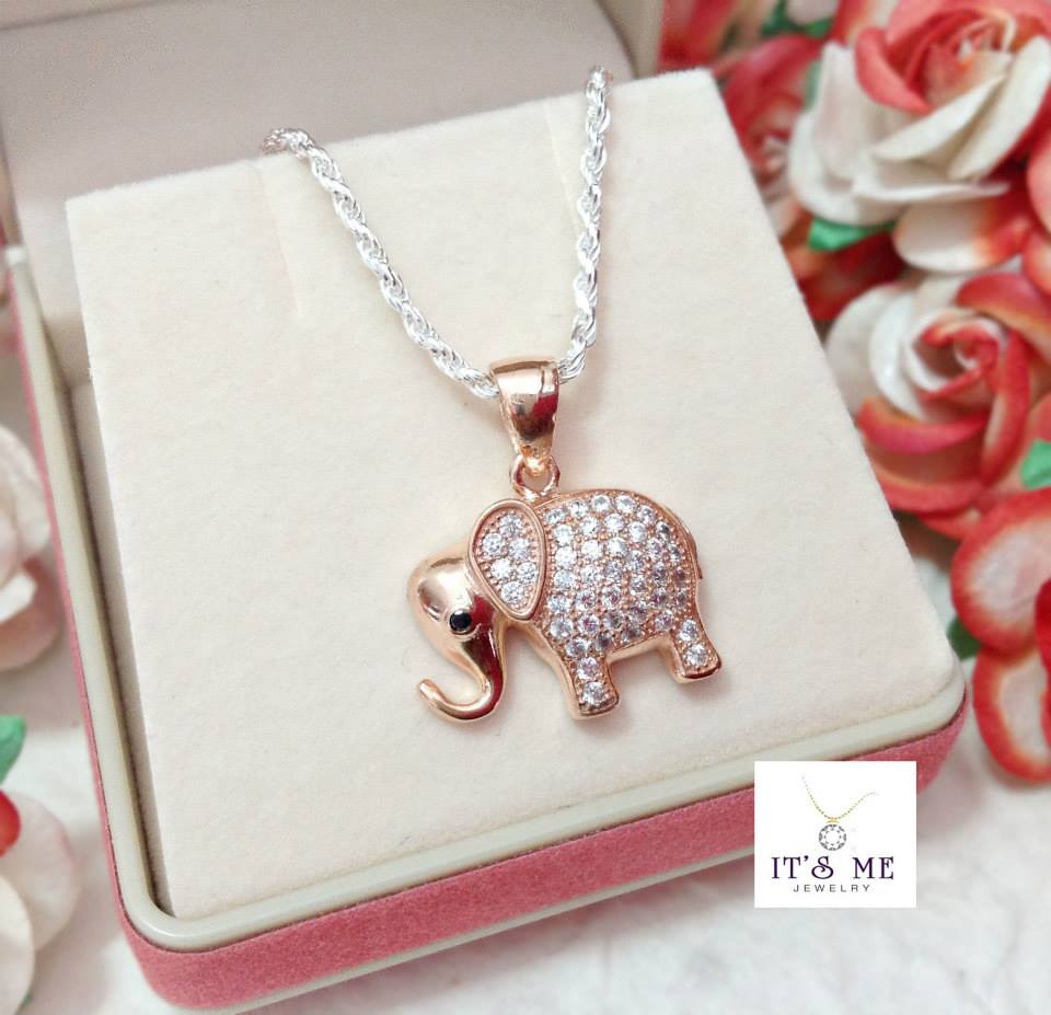 จี้เงินแท้ รูปช้างจิกเพชร Pink Gold
