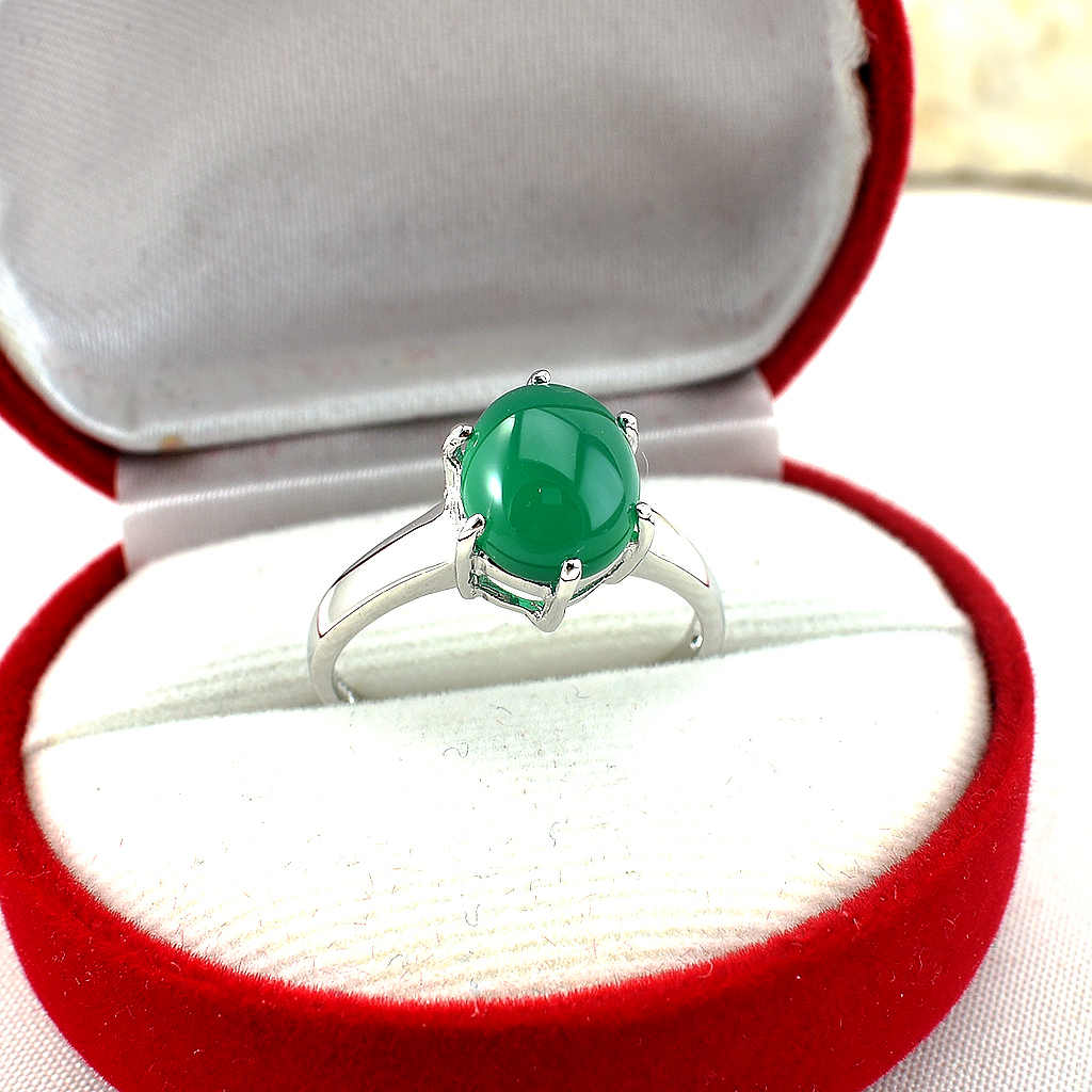 แหวนเงินแท้ราคาถูกชุบทองคำขาว พลอยแท้กรีนอะเกท 3.55 กะรัต งานประณีตสวยงาม สั่งผลิตค่ะ