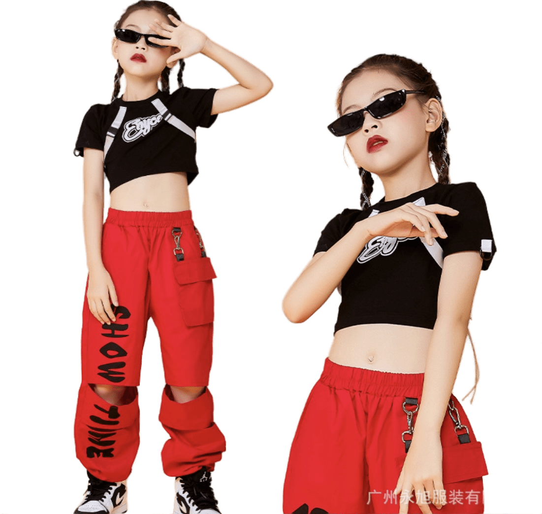 ชุดเต้น ชุดแดนซ์ เสื้อสีดำ+กางเกงขายาวสีแดง