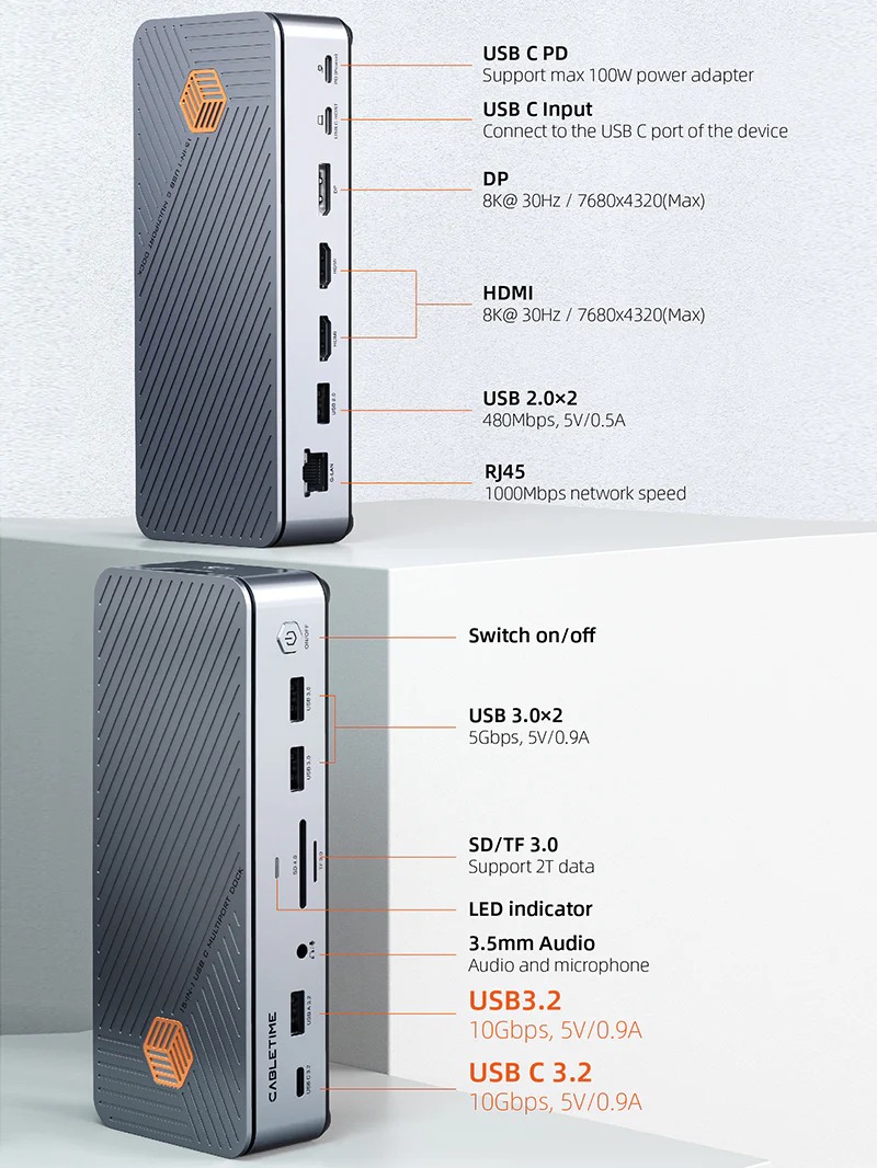 8K USB-C Multiport Docking Station 14 in1 with 10Gbps NVME SSD by CableTime รุ่น CB14S