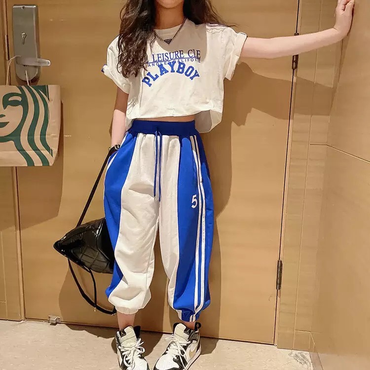 ชุดเต้น ชุดฮิปฮอป เซ็ตสีเสื้อแขนสั้น+กางเกงวอร์ม