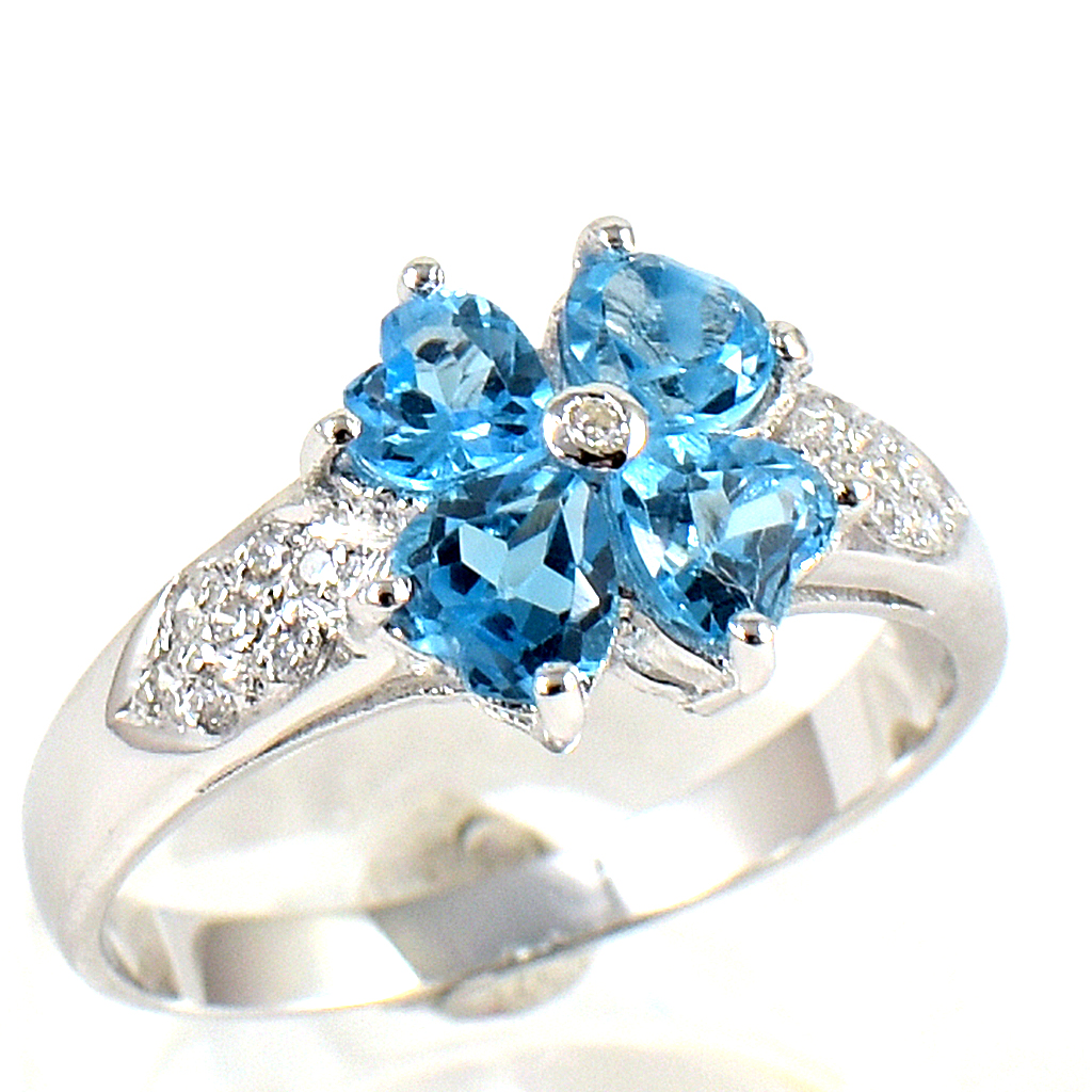 แหวนเงินแท้ราคาถูกชุบทองคำขาว สวิสบลูโทปาซแท้ 1.40 กะรัต เพชรCZ 0.15 กะรัต งานประณีตสวยงาม สั่งผลิตค่ะ