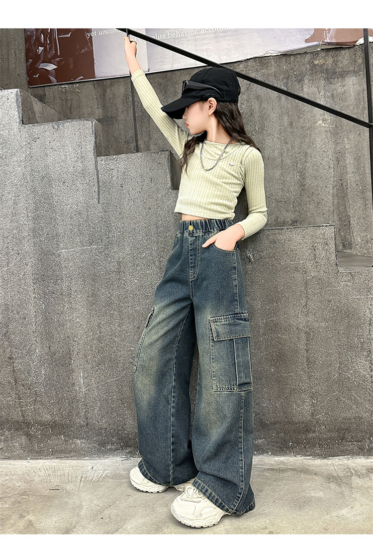 พร้อมส่ง กางเกงยีนส์เด็ก ยีนส์เด็กหญิง เกงคาร์โก้ ทรงขากระบอก แต่งลาย