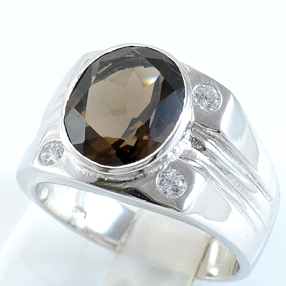 แหวนเงินแท้ราคาถูกชุบทองคำขาว พลอยแท้สโมกกี้ควอทซ์ 4.80 กะรัต เพชรCZ 0.12 กะรัต งานประณีตสวยงาม สั่งผลิตค่ะ