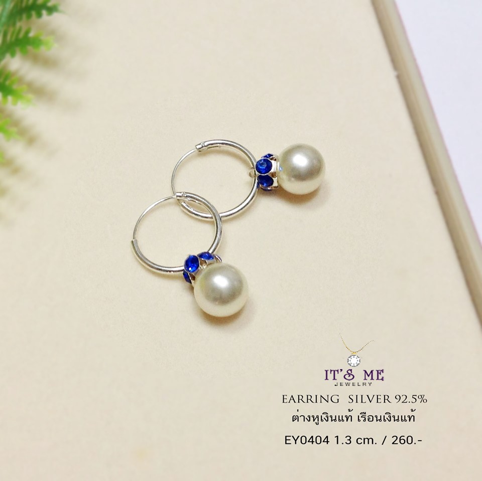 ต่างหูเงินแท้92.5% แบบห่วงห้อยมุกประดับพลอยสี - น้ำเงิน (มุกสังเคราะห์ )