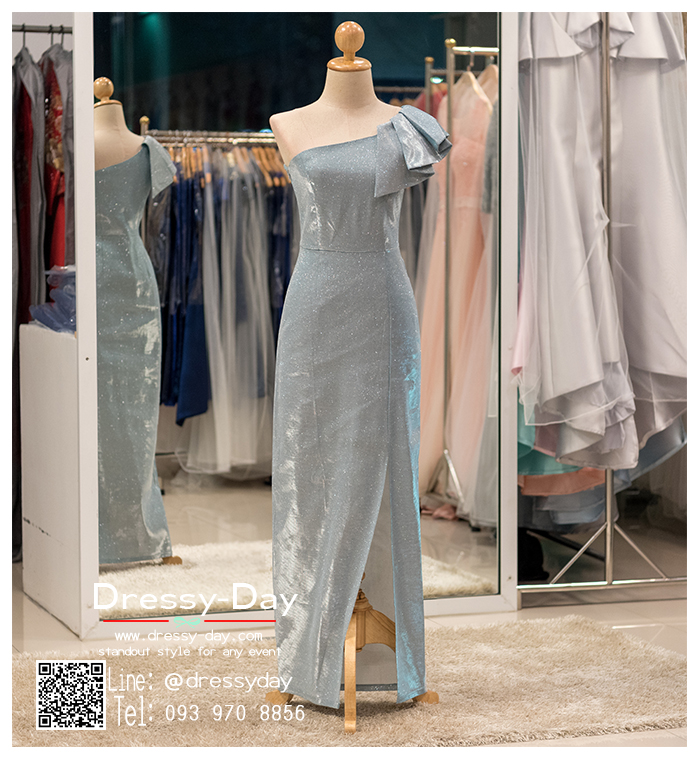 รหัส ชุดราตรียาวคนอ้วน :PK013 ชุดแซก ชุดราตรียาวมีแขน หรู สีฟ้า ไหล่เดียว เรียบหรู เหมาะสำหรับงานแต่งงาน งานกลางคืน กาล่าดินเนอร์