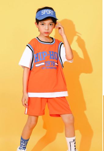 พร้อมส่ง ชุดเต้น ชุดเชียร์เด็ก เซ็ตสีส้ม ลายสก๊อต สีส้ม ชุดกีฬา สปอร์ต