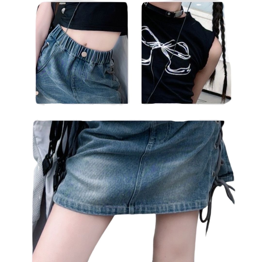 friendly4kid พร้อมส่ง เสื้อกล้ามสีดำ+กระโปรงยีนส์พร้อมปลอกขา สียีนส์เข้ม