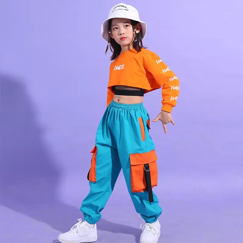 ชุดเต้น ชุดแดนซ์ เสื้อแขนยาวสีส้ม+กางเกงขายาว