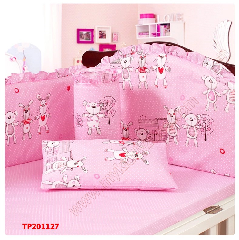 TP201125 ชุดเบาะกันกระแทกผ้าปูนอน 6ชิ้น ลาย Miracle Zoo สีขาว