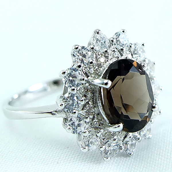 แหวนเงินแท้ราคาถูกชุบทองคำขาว พลอยแท้สโมกกี้ควอทซ์ 1.70 กะรัต งานประณีตสวยงาม สั่งผลิตค่ะ